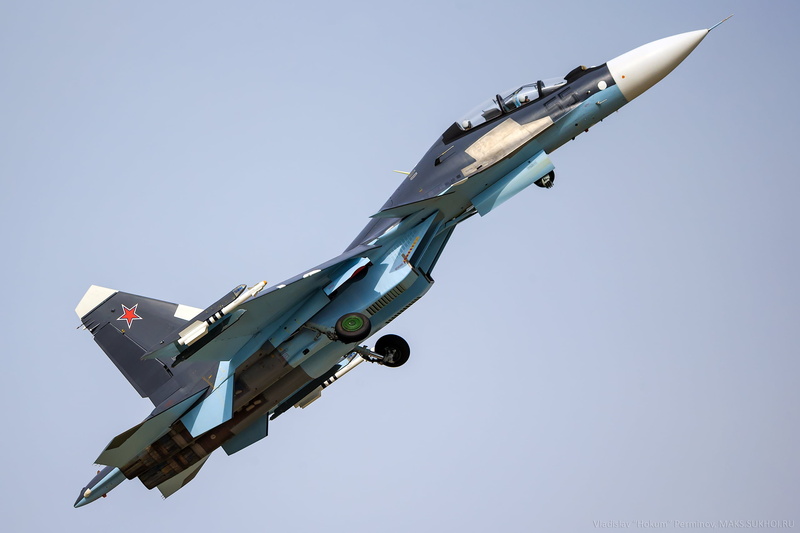 Su-30CM, white, low angle view, clear sky, flying, blue, transportation, military, multifunction, day, outdoors, super-maneuverable, copy space, 2K, the sky