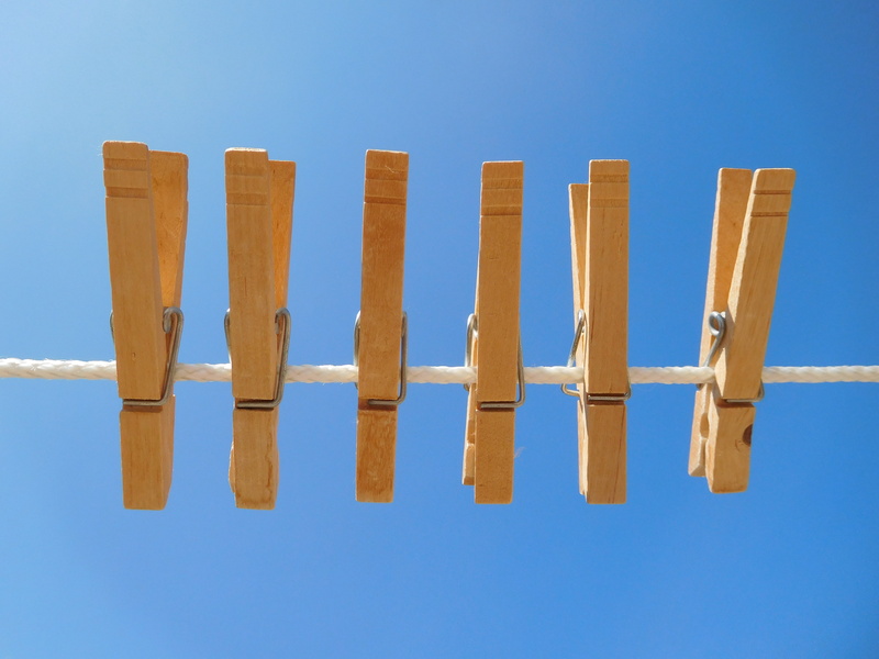 order, day, colored background, outdoors, low angle view, in a row, reflection, brown, side by side, 4K, blue, clear sky, blue background, no people, clothespin