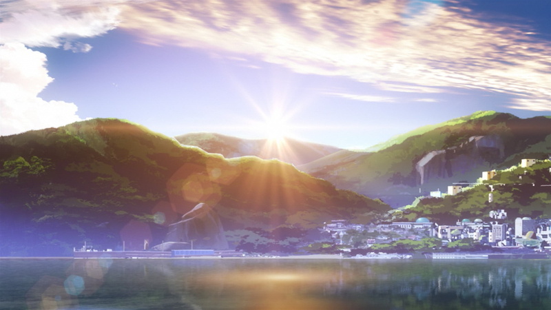sun, building exterior, sunbeam, city, water, sunlight, sky, building, scenics - nature, outdoors, nagi no asukara landscape lens flare anime, mountain