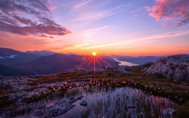 landscape, spring, mountains, sunrise, lens flare, sun rays, 1080P