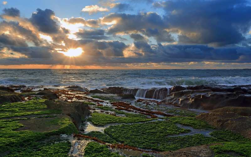 clouds, coast, lens flare, skyscape, waves, horizon, sea, 4K