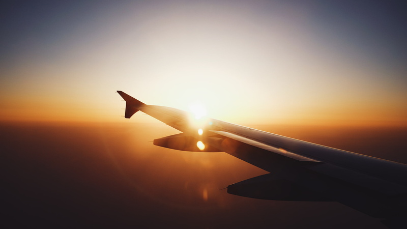 airplane wing, airplane, sunset, lens flare, 2K