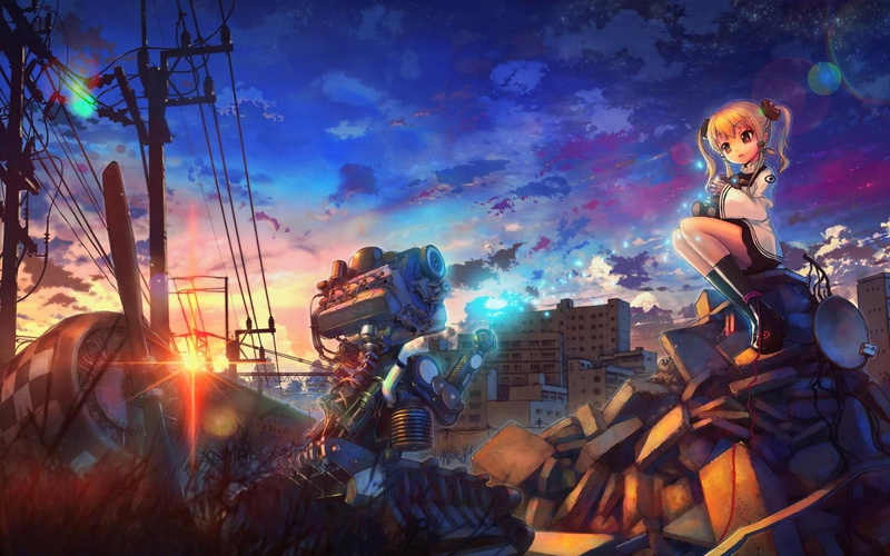 toy, sunlight, cloud - sky, sky, anime girls, male likeness, nature, architecture, digital composite, built structure, outdoors, female likeness, sunbeam