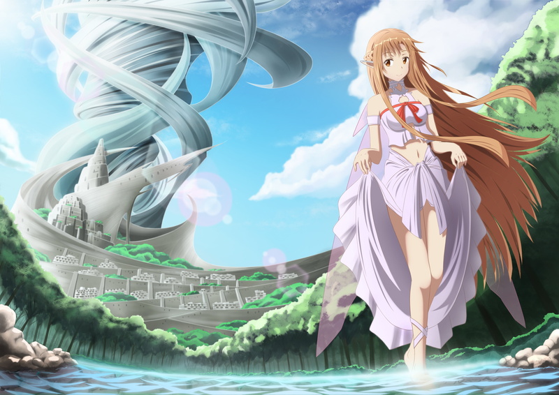 art, yuuki asuna, sword art online, representation, male likeness, sky, landscape, low angle view, no people, art and craft, smile, statue, cloud - sky