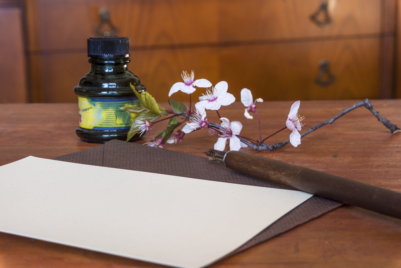 no people, bottle, fragility, ink well, letter, wooden table, table, close-up, pen and ink, wood - material, vulnerability, glass, pen, indoors, decoration
