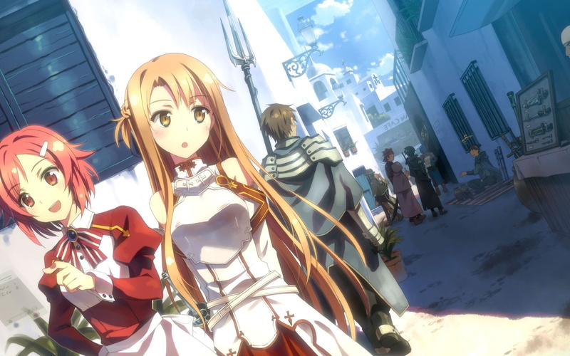 art and craft, Orange Eyes, human representation, Yuuki Asuna, Kirigaya Kazuto, sky, architecture, building, outdoors, Sword Art Online, Tsuboi Ryotaro
