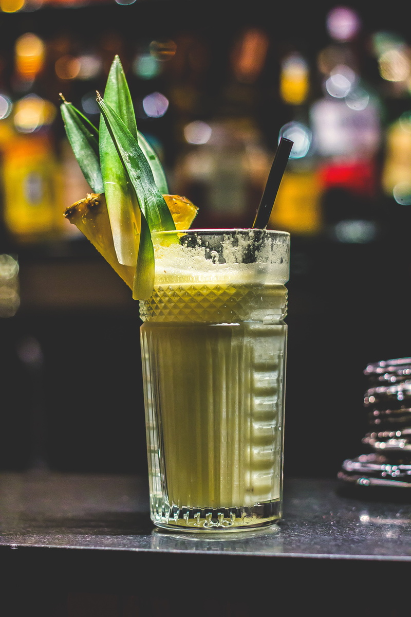 herb, bar counter, freshness, household equipment, refreshment, 5K, alcohol, table, food and drink, straw, close-up, fruit, green, smoothie, focus on foreground