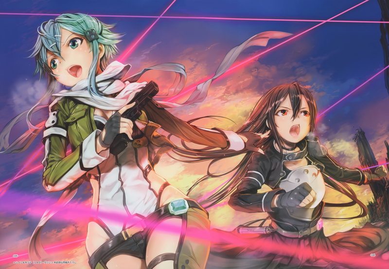 eyes, shinon, gloves, clouds, konachan, scarf, 256889, short, mikazuki, sky, skirt, bodysuit, green, red, trap, brown, weapon, akira, (sao), hair, com