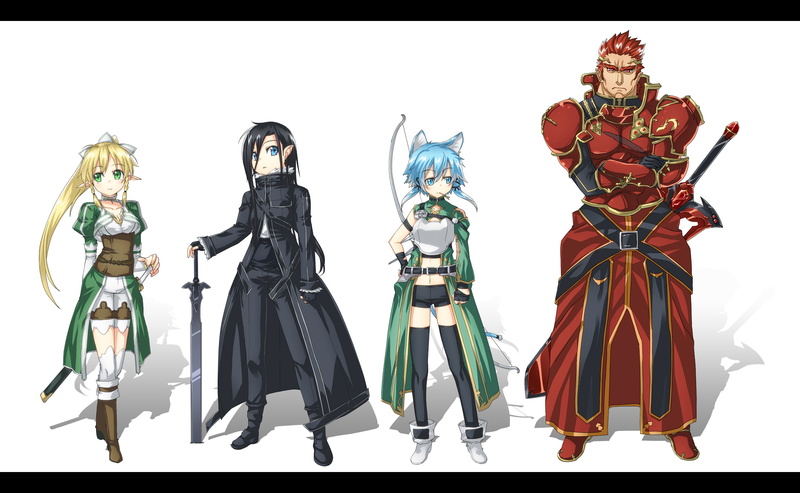 eyes, sao, blonde, green, hair, weapon, thighhighs, uemuki, shinon, leafa, eugene, sword, 1080P, asada, black, blue, shino, red
