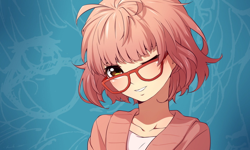 anime, Kuriyama Mirai, 2K, Kyoukai no Kanata, glasses, anime girls, blue background