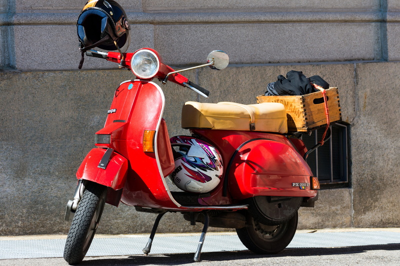 trip, safety, protection, red, scooter, italian, street, wasp, outdoors, security, locomotion, motor scooter, helmet, crash helmet, one person, vintage