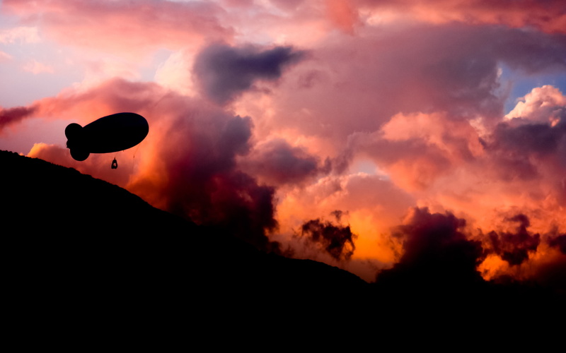 airship, shadow, clouds, 2K, sky, sunset
