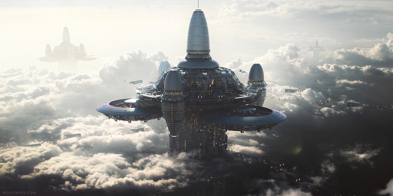 futuristic city, airships, Wojtek Fus, 4K, cloud city, skyscraper, futuristic