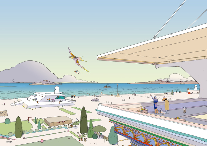 animal themes, mode of transportation, sea, comics, vertebrate, sunlight, artwork, outdoors, seagull, transportation, day, incidental people, Mœbius, travel
