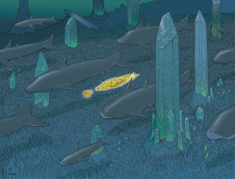 720P, animal, marine, green color, beauty in nature, school of fish, comics, group of animals, nature, vertebrate, outdoors, day, sea, Mœbius, fish, swimming