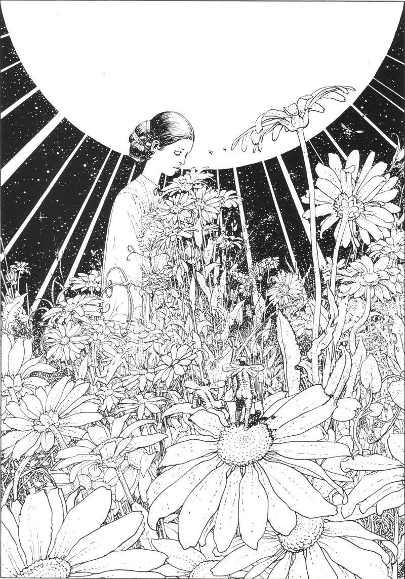 Moon, women, artwork, stars, fantasy art, Jean Giraud, lights, field, Mœbius, illustration, flowers, 4K, Pixie, surreal
