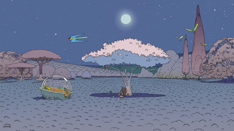 720P, digital art fantasy art nature painting jean giraud surreal men trees birds ufo field moon shadow stars mbius