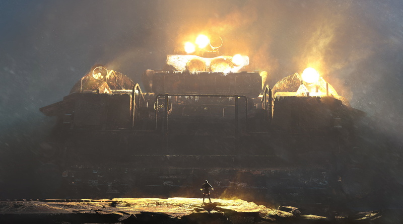 dark, Frostpunk, men, artwork, night, lights, digital, tank, 2K, mist, rock