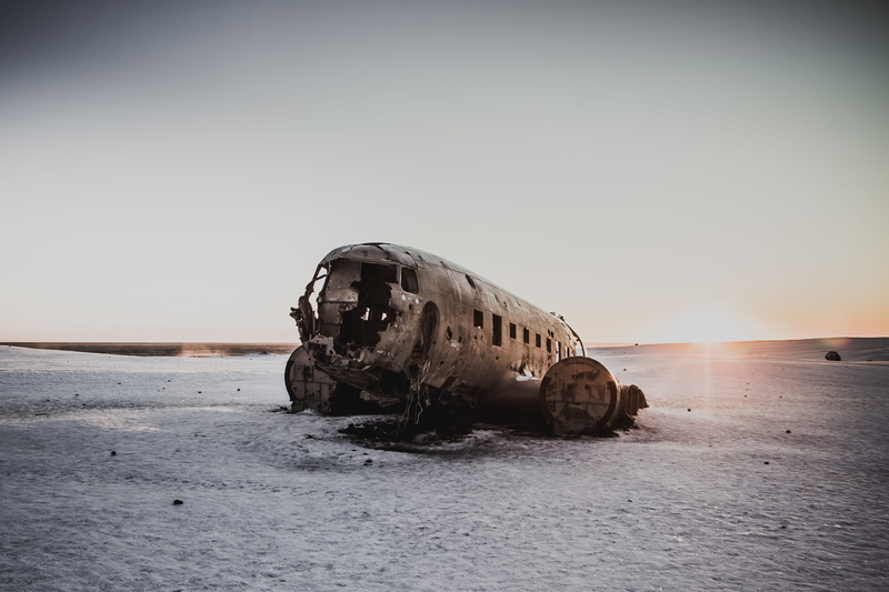 old, sunset, transportation, nature, desert, copy space, snow, air vehicle, trip, grey, obsolete, deterioration, broken, ruined, demolished, decline, outdoors
