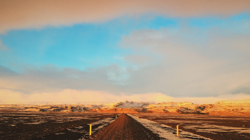 road, volcano, architecture, no people, tranquility, iceland, direction, glacier, black sand, landscape, 2K, tranquil scene, outdoors, sky, mountains