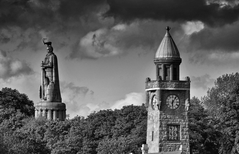 nature, monument, sky, black and white, tree, building exterior, the past, park, statue, hamburg, sculpture, travel destinations, no people, building, hindenburg