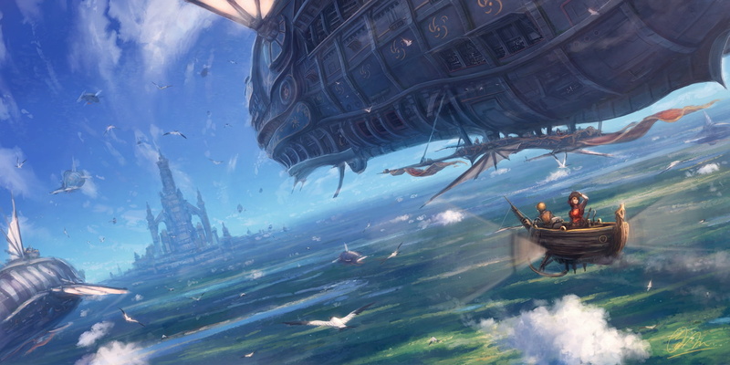 243031, bird, konachan, makkou4, animal, 1080P, original, landscape, com, scenic, sky, signed, airship, clouds, building
