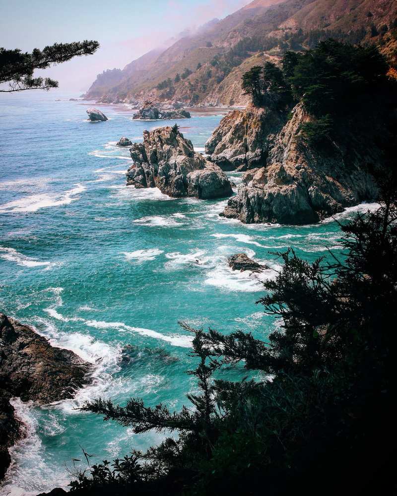 pacific ocean, plant, julia pfeiffer state park, land, mountain, outdoors, big sur, water, rock - object, sky, tranquil scene, rock, sea, motion, nature