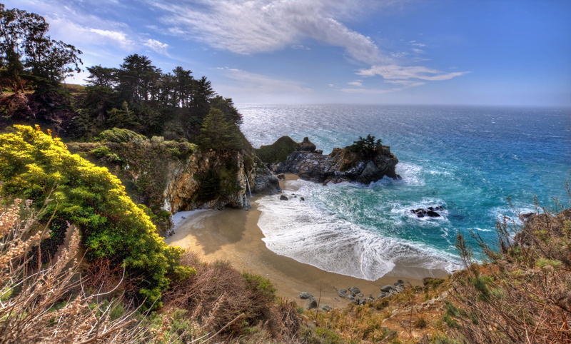 green, body, scenics - nature, California, land, tree, outdoors, the ocean, tranquility, plant, beach, trees, high angle view, idyllic, Bay, rock, waterfall