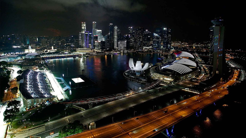 illuminated, building exterior, transportation, Formula 1, high angle view, Urban, Bay, tall - high, highway, Singapore, building, 1080P, night, race cars