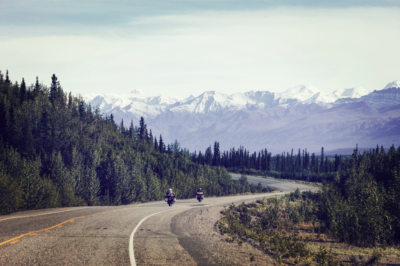abies, transportation, unorganized, tranquility, two, outdoors, canada, gravel, beauty in nature, direction, human, mountain, motorcycles, tree, sky, persons