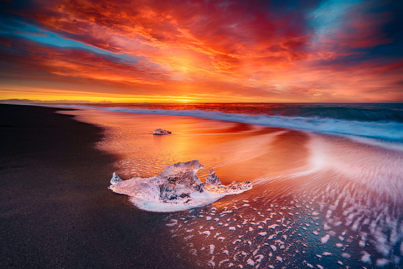 Water, Sun, Sea, Sunset, Ice, Sky, Iceland, Fire, Beach, 1080P