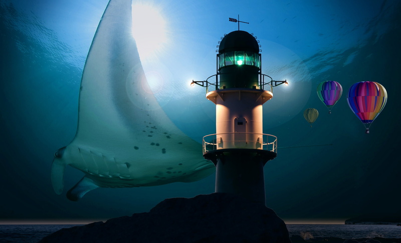 Rays, ocean, water, Sea, Depth, Under water, Lighthouse, The ocean, Marine Animals, 2K, stingray, SKAT, Balloon