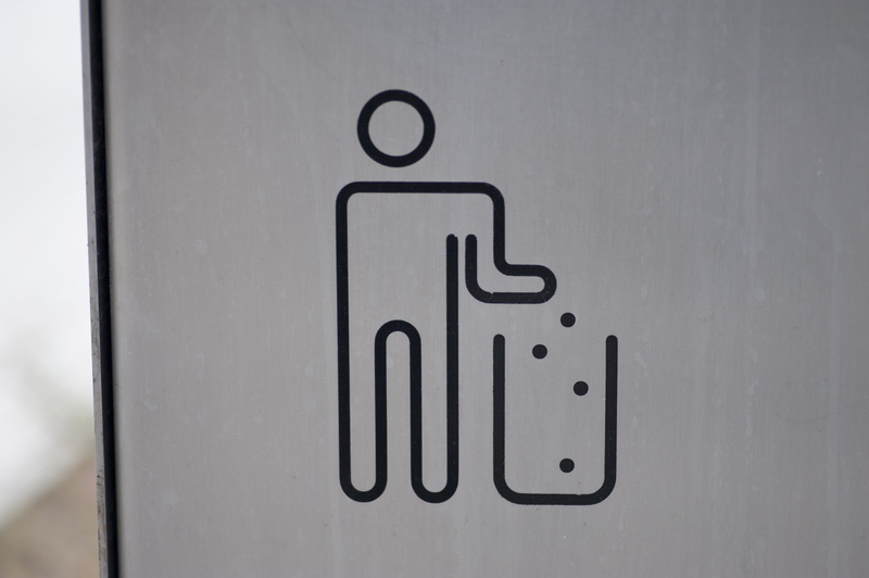 sign, rubbish, trashcan, communication, western script, trash, container, environment, information, bin, restroom sign, indoors, guidance, no people, waste