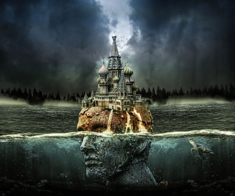 fantasy, tree, building, water, architecture, dark, manipulation, no people, sky, gothic style, gray, night, sea, nature, still life, tower, built structure