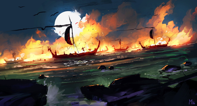 The Rebel Fleet, Environments, Fantasy, The moon, 30 min Speedpainting, by Dominik Mayer, Sea, 1080P, Dominik Mayer, Concept Art, Sea battle, Battle, Ships