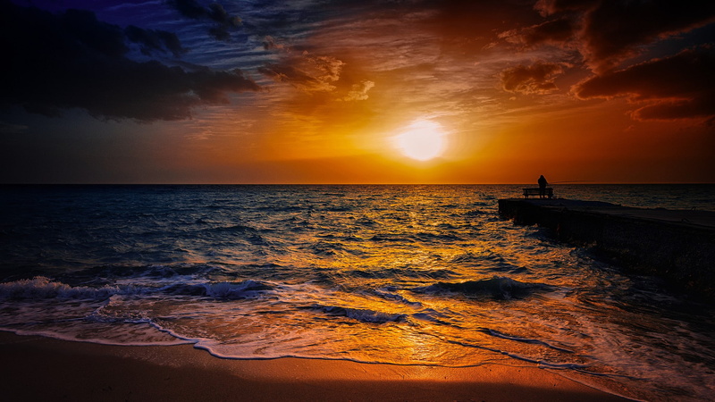 1080P, sky, Sea, sunset, fisherman, photograph, sun