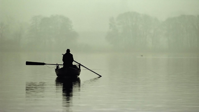 silhouette, men, water, oar, morning, lake, row, mode of transportation, nautical vessel, reflection, fog, tranquility, 1080P, one person, paddling, nature