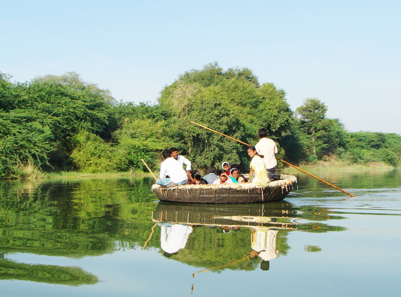 reflection, sky, india, water, transportation, women, nautical vessel, men, krishna river, coracle ride, tree, karnataka, green color, togetherness, lake