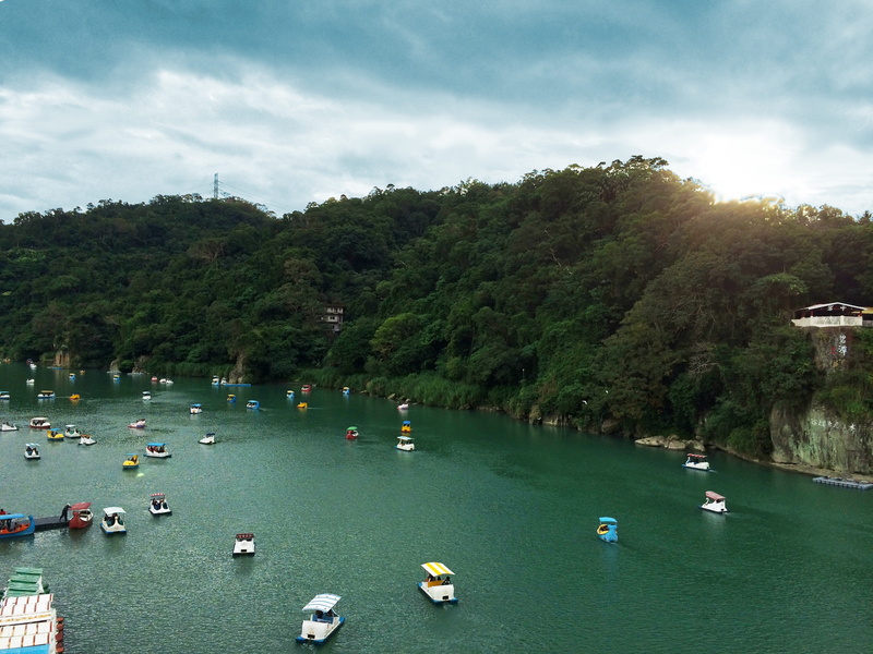 outdoors, scenics, high angle view, Small, Taipei, mode of transportation, moored, water, nature, wikiproject taiwan, green color, boat, 2K, cloud - sky