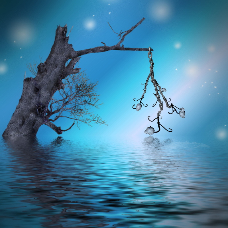 reflection, waterfront, scenics - nature, branch, tranquility, blue, water, tree, fairytale, digital composite, plant, nature, lake, fairy tales, no people