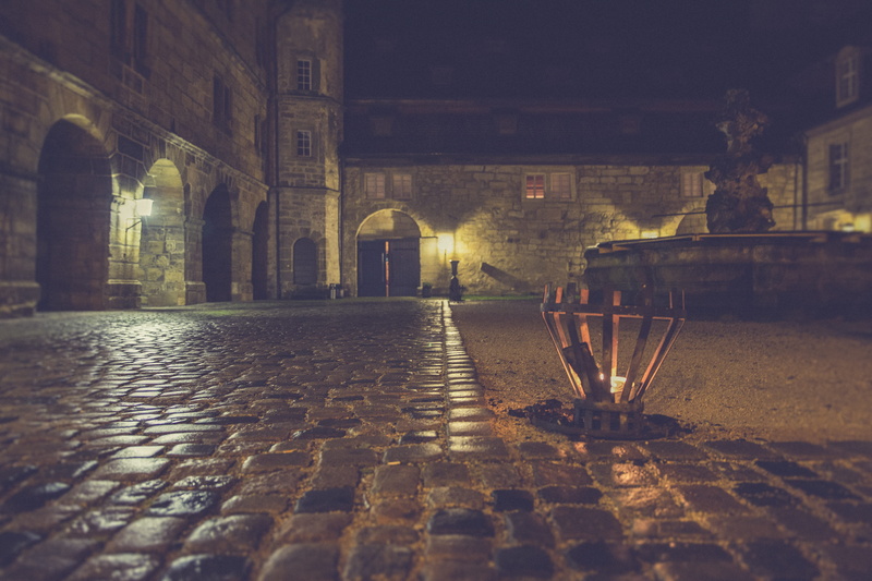 castle, lamp, built structure, old, paving stone, arches, architecture, nighttime, surface level, knight, night, city, mystical, building, wet, history
