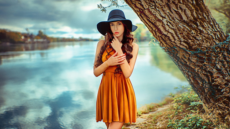 women outdoors, long hair, hat, brown eyes, river, wavy hair, brunette, face, 1080P, women, minidress, portrait, John Noe