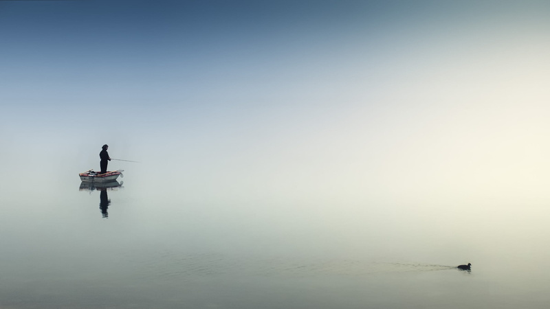 sky, mode of transportation, nautical vessel, landscape, day, tranquility, 2K, fisherman, transportation, body, silhouette, daytime, person, mist, reflection