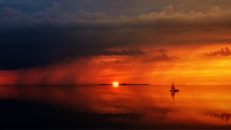 5K, water, sea, sailing ship, sunset, landscape