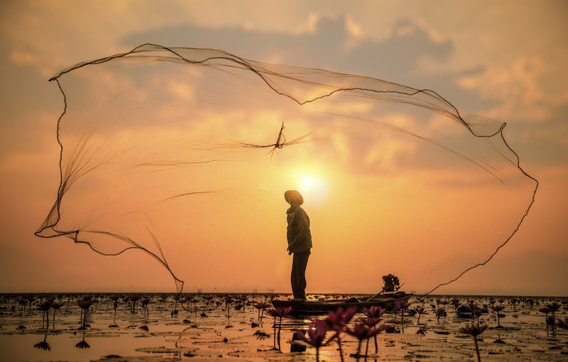 sunset, leisure activity, fishing, orange color, nature, fisherman, outdoors, scenics - nature, vertebrate, 720P, sunlight, sky, water, real people, men