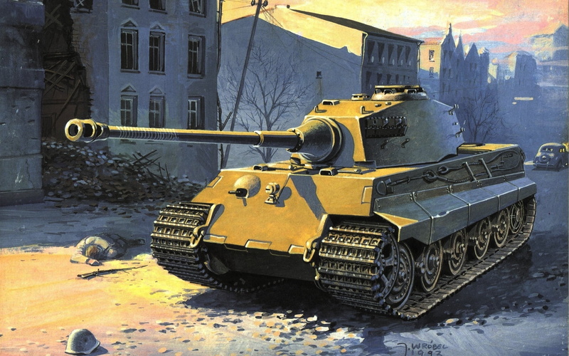 figure, no people, street, tank, 1080P, day, Tiger 2, building exterior, mode of transportation, world, Royal tiger, outdoors, architecture, built structure