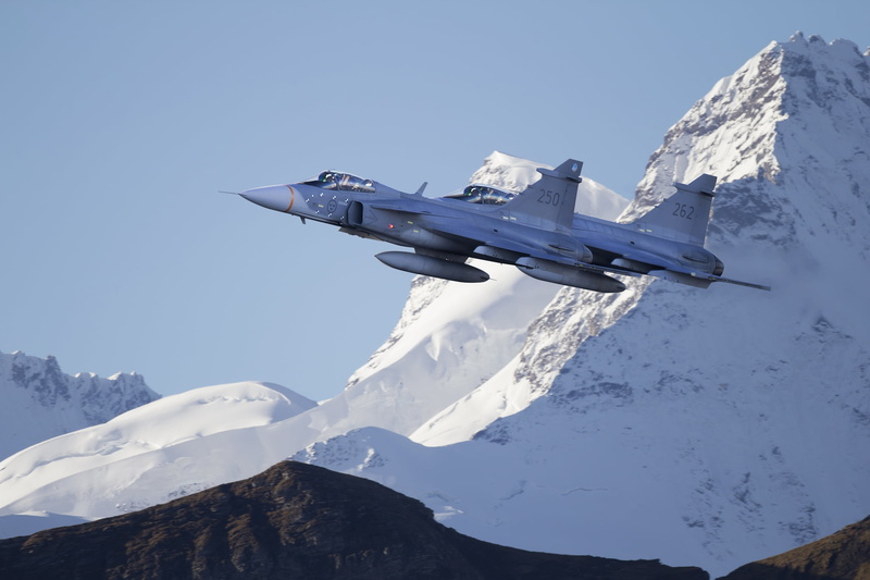 nature, mountain, clear sky, jas 39, mountain peak, day, airplane, formation, grey, scenics - nature, outdoors, fighter, winter, flying, cold temperature
