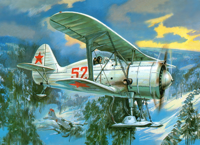 figure, I - 15 bis, art, Soviet, the sky, single-engine, mountains, fighter-polytropon, 5K, ski, the plane, trees, winter, fallen