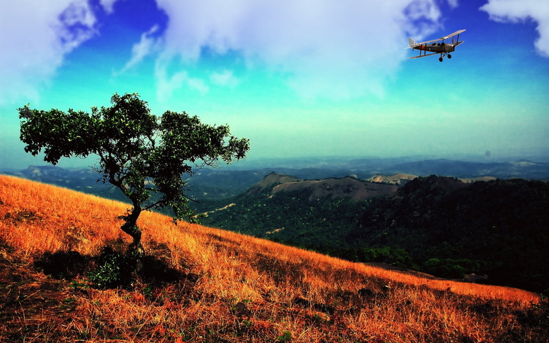 hill, landscape, land, cloud - Sky, sky, green, day, clearly, outdoors, environment, nature, brown, beauty in nature, airplane, air Vehicle, helicopter