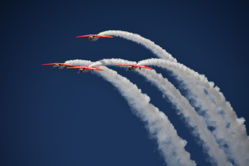 fighter plane, nature, four, mode of transportation, vapor trail, flying, sky, red, bi, jet, sunny, transportation, contrails, cloud - sky, plane, airplane